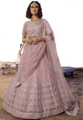 Baby Pink thread embroidered organza Semi Stitched Bridal Lehenga 1