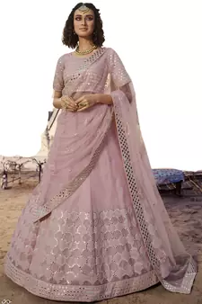 Baby-pink thread embroidery organza Semi Stitched bridal lehenga