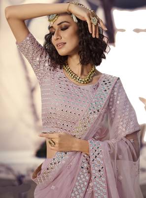 Baby Pink thread embroidered organza Semi Stitched Bridal Lehenga 2