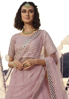 Baby Pink thread embroidered organza Semi Stitched Bridal Lehenga 3