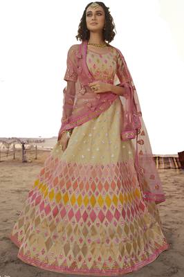 Beige thread embroidered organza Semi Stitched Bridal Lehenga 1