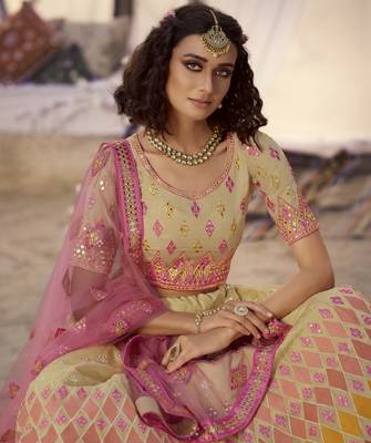 Beige thread embroidered organza Semi Stitched Bridal Lehenga 2