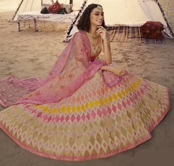 Beige thread embroidered organza Semi Stitched Bridal Lehenga 3