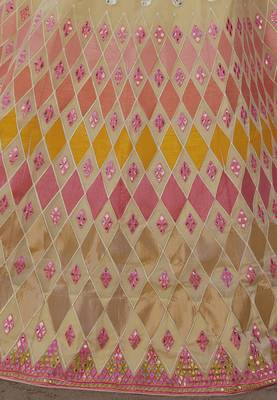Beige thread embroidered organza Semi Stitched Bridal Lehenga 4