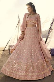Peach thread embroidered with foil mirror organza Semi Stitched bridal lehenga