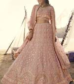 Peach thread embroidered with foil mirror organza Semi Stitched Lehenga choli for bride