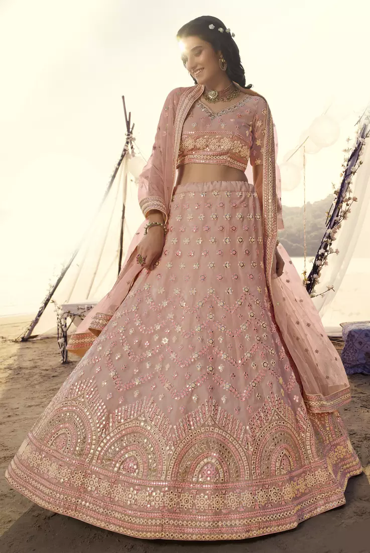 Peach thread embroidered with foil mirror organza Semi Stitched bridal lehenga