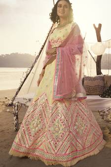 Beige thread embroidery organza Semi Stitched bridal lehenga