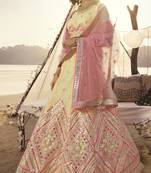 Beige thread embroidery organza Semi Stitched Bridal Lehenga