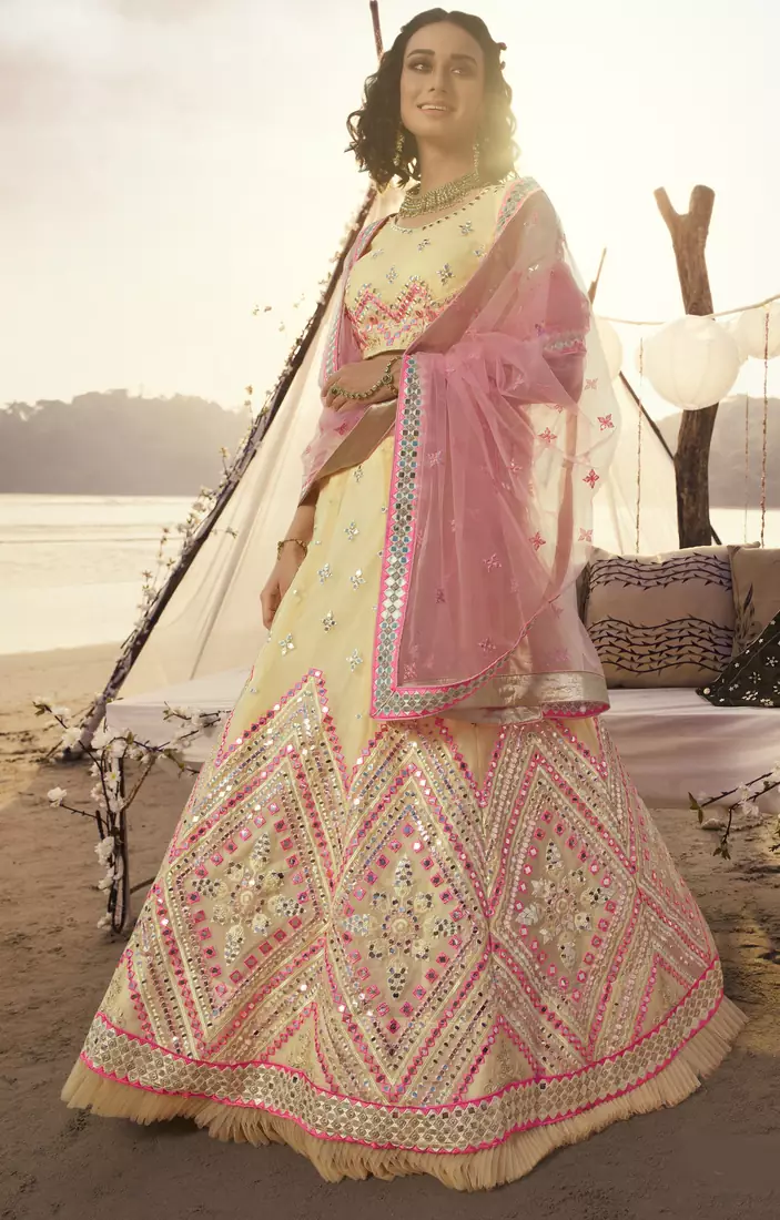Beige thread embroidery organza Semi Stitched bridal lehenga