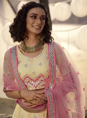 Beige thread embroidery organza Semi Stitched Bridal Lehenga 2