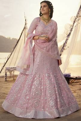 Baby pink thread embroidered organza Semi Stitched Bridal Lehenga 1