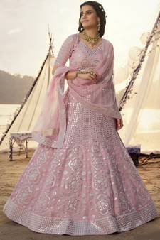 Baby-pink thread embroidery organza Semi Stitched bridal lehenga