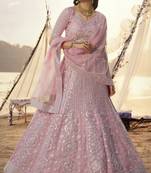 Baby pink thread embroidered organza Semi Stitched Bridal Lehenga