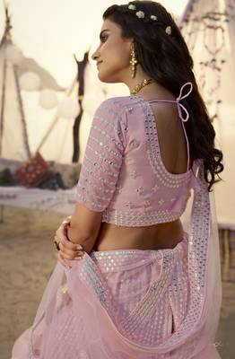 Baby pink thread embroidered organza Semi Stitched Bridal Lehenga 2