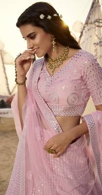 Baby pink thread embroidered organza Semi Stitched Bridal Lehenga 3