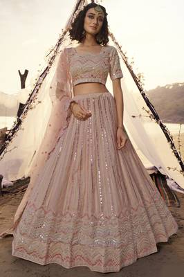 Peach thread embroidered organza Semi Stitched Bridal Lehenga 1