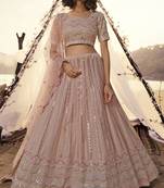 Peach thread embroidered organza Semi Stitched Bridal Lehenga