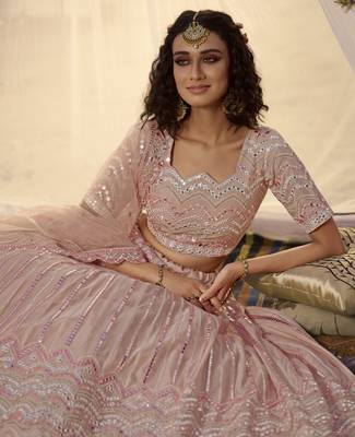 Peach thread embroidered organza Semi Stitched Bridal Lehenga 2