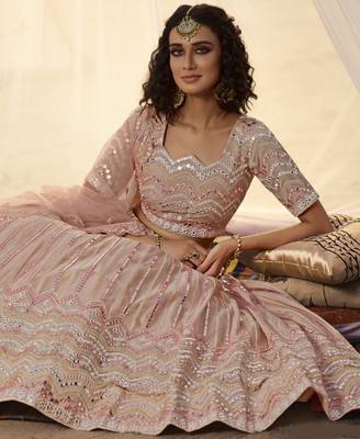 Peach thread embroidered organza Semi Stitched Bridal Lehenga 3