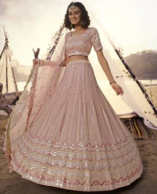 Peach thread embroidered organza Semi Stitched Bridal Lehenga 4