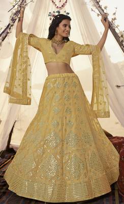 Yellow thread embroidered organza Semi Stitched Bridal Lehenga 1