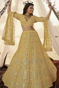 Yellow thread embroidered organza Semi Stitched bridal lehenga