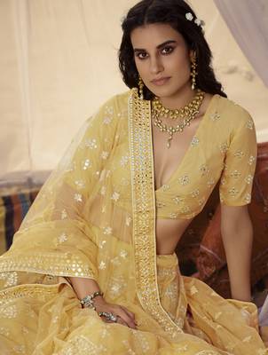 Yellow thread embroidered organza Semi Stitched Bridal Lehenga 2