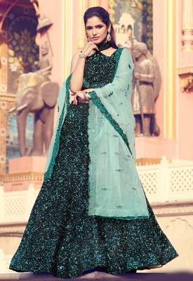 Captivating Black Fur Imported Fabric and Turquoise Color Sequin Embroidered Lehenga saree 1