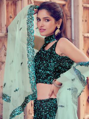 Captivating Black Fur Imported Fabric and Turquoise Color Sequin Embroidered Lehenga saree 2