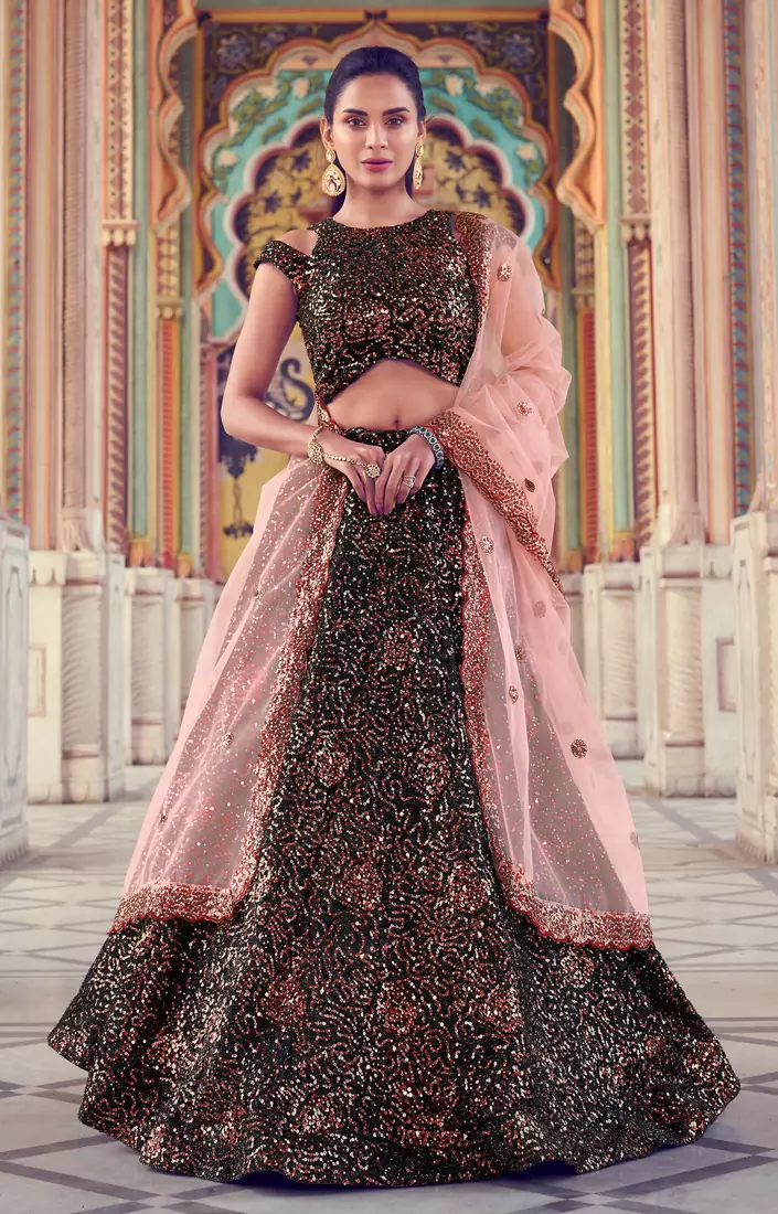 Black sequins embroidered Fur imported Semi Stitched bridal lehenga