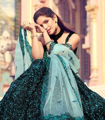 Captivating Black Fur Imported Fabric and Turquoise Color Sequin Embroidered Lehenga saree 3