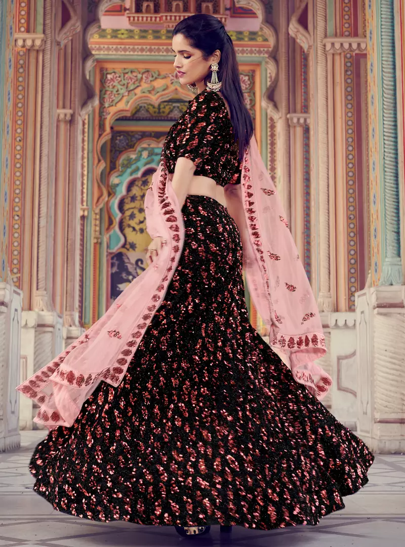 Black sequins embroidered Fur imported Semi Stitched bridal lehenga