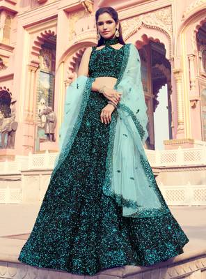 Captivating Black Fur Imported Fabric and Turquoise Color Sequin Embroidered Lehenga saree 4