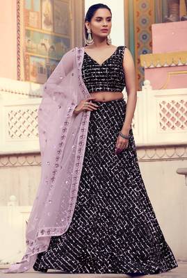 Delightful Black Fur Imported Fabric and Purple Color Sequin Embroidered Bridal Lehenga 1