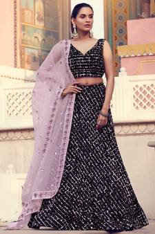 Black Sequins embroidered Fur imported Semi Stitched bridal lehenga