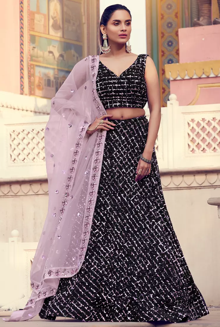 Black Sequins embroidered Fur imported Semi Stitched bridal lehenga