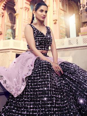 Delightful Black Fur Imported Fabric and Purple Color Sequin Embroidered Bridal Lehenga 2
