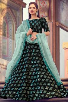 Black sequins embroidered Fur imported Semi Stitched bridal lehenga