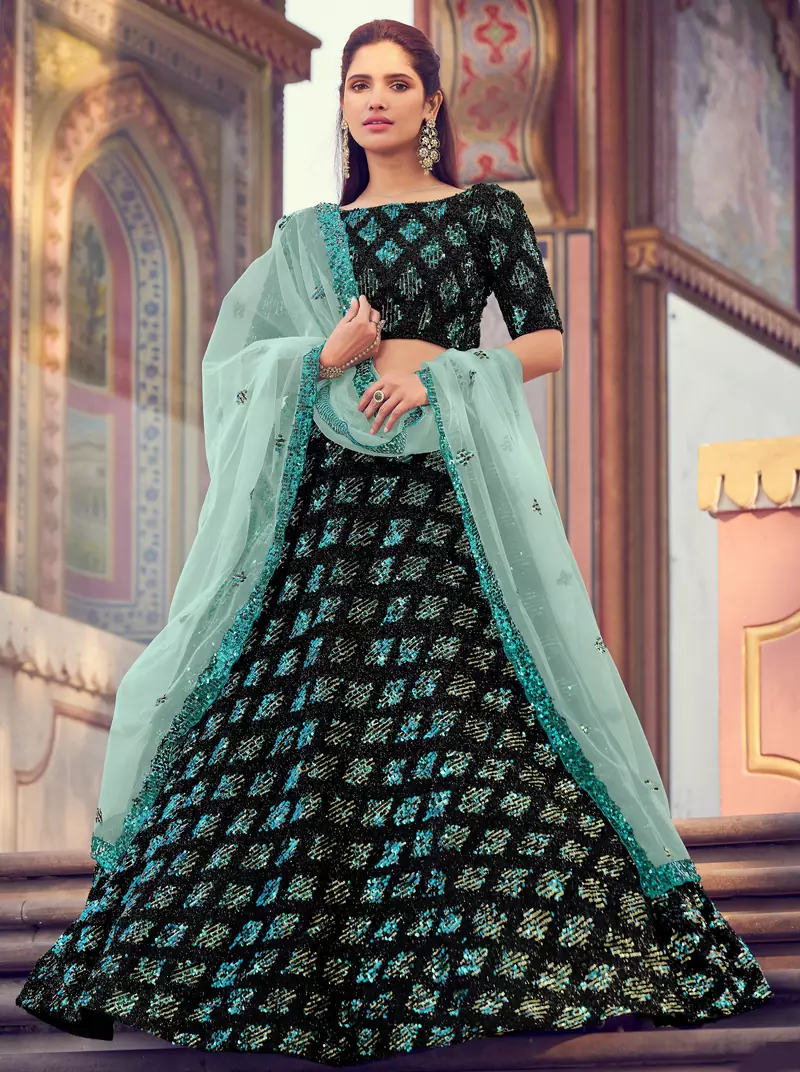 Black sequins embroidered Fur imported Semi Stitched bridal lehenga