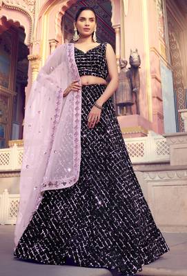 Delightful Black Fur Imported Fabric and Purple Color Sequin Embroidered Bridal Lehenga 3