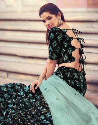Catching Black Fur Imported Fabric and Turquoise Color Sequin Embroidered Wedding Lehenga 2