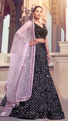 Delightful Black Fur Imported Fabric and Purple Color Sequin Embroidered Bridal Lehenga 4