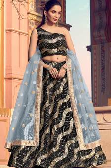 Black embroidered silk Semi Stitched bridal lehenga