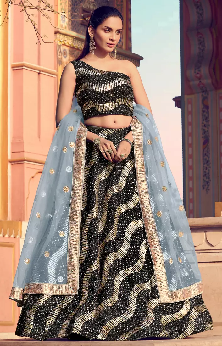 Black embroidered silk Semi Stitched bridal lehenga