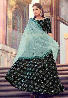 Catching Black Fur Imported Fabric and Turquoise Color Sequin Embroidered Wedding Lehenga 3