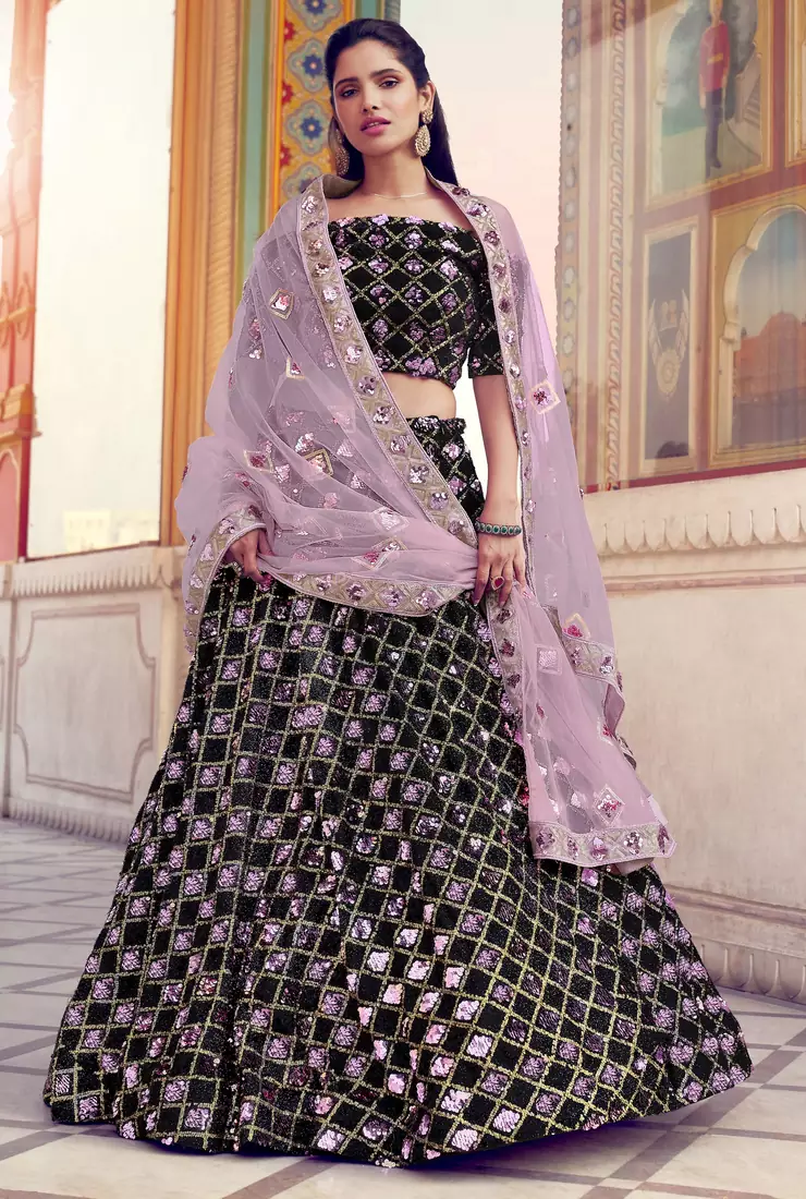 Black-pink sequins embroidered silk Semi Stitched bridal lehenga