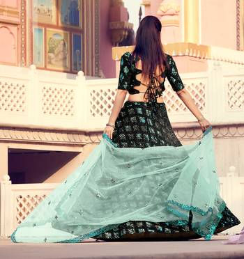 Catching Black Fur Imported Fabric and Turquoise Color Sequin Embroidered Wedding Lehenga 4