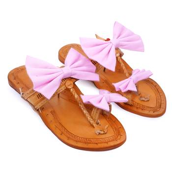 Pink Stripes Bow Kolhapuri Chappal For Women & Girls 2
