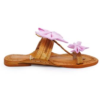 Pink Stripes Bow Kolhapuri Chappal For Women & Girls 3